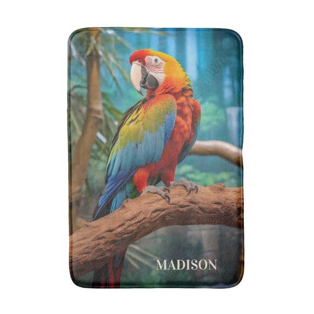 Custom Name Colourful Parrot Bath Mat (Front Vertical)
