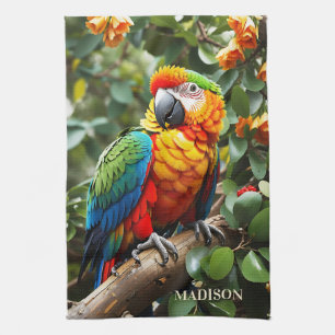 Custom Name Colourful Parrot Tea Towel