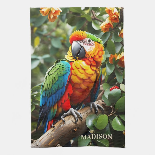 Custom Name Colourful Parrot Tea Towel (Vertical)