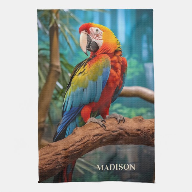 Custom Name Colourful Parrot Tea Towel (Vertical)