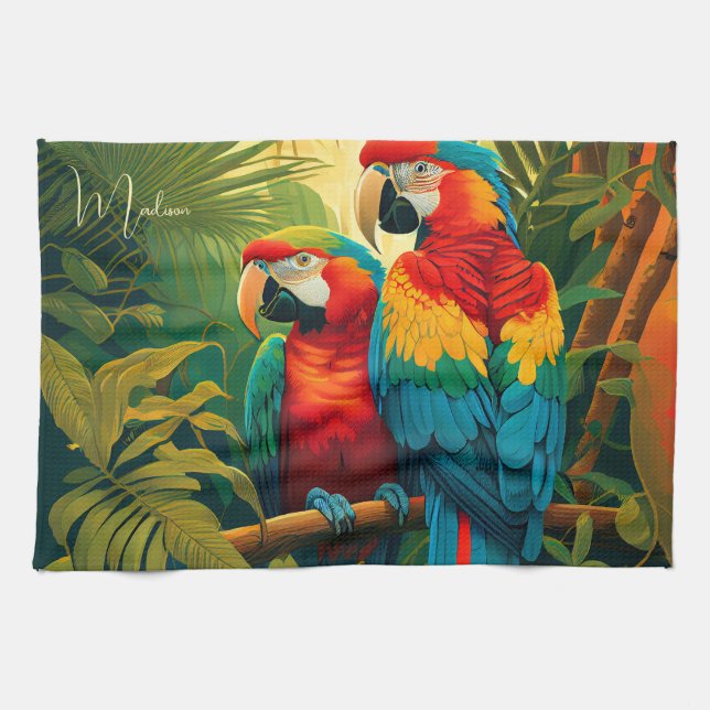 Custom Name Colourful Parrots Tea Towel (Horizontal)
