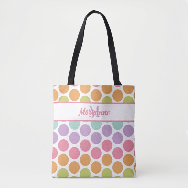 Custom Name Colourful Pastel Dot Pattern  Tote Bag (Front)
