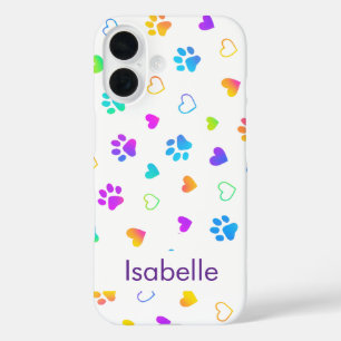 Custom Name Colourful Paw Print Pattern  iPhone 16 Case