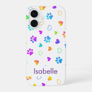 Custom Name Colourful Paw Print Pattern iPhone 16 Case