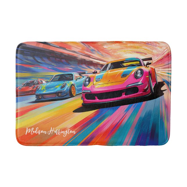 Custom Name Colourful Sportscars Bath Mat (Front)