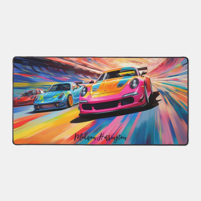 Custom Name Colourful Sportscars Desk Mat (Front)