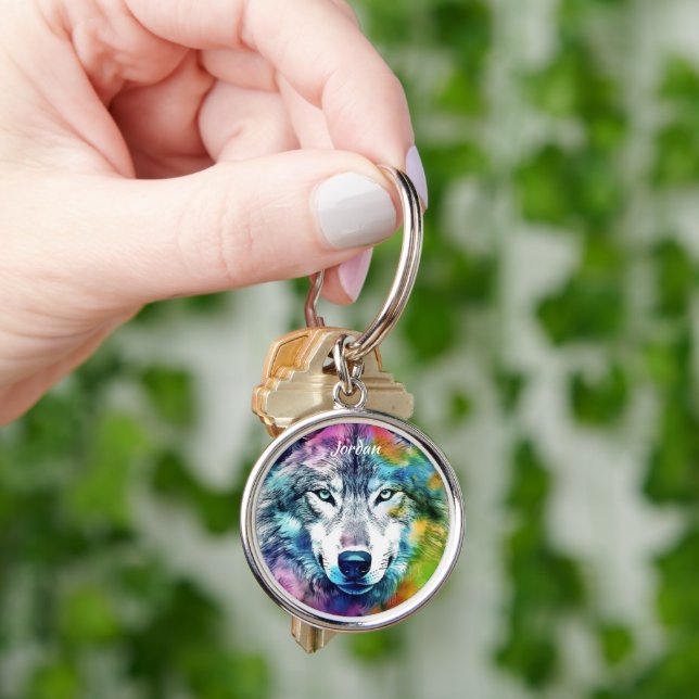 Custom Name Colourful Stylised Wolf Head Key Ring (Hand)