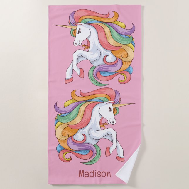 Custom Name Colourful Unicorn Beach Towel (Front)