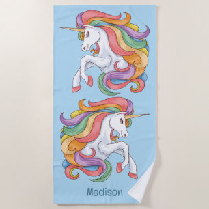 Custom Name Colourful Unicorn Beach Towel