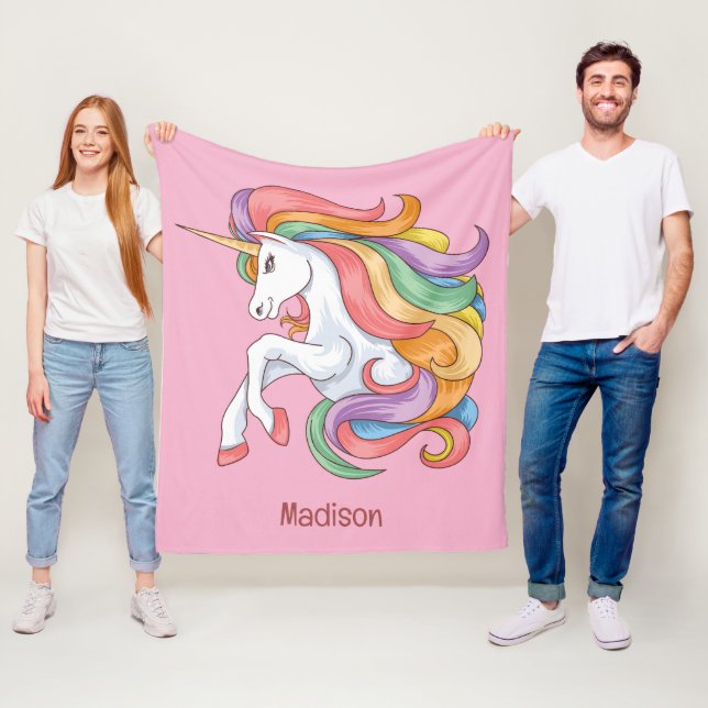 Custom Name Colourful Unicorn Fleece Blanket (In Situ)