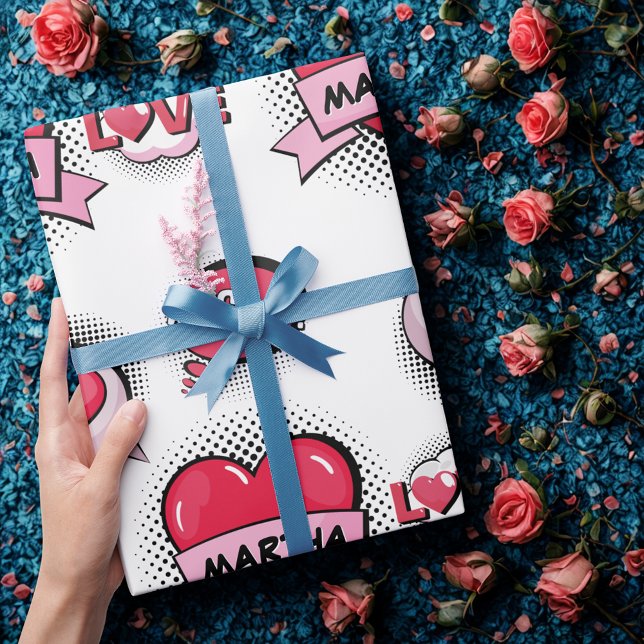 Custom name comic book style  heart gifts  wrapping paper (Creator Uploaded)