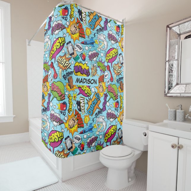 Custom Name Comics Pattern Shower Curtain (In Situ)