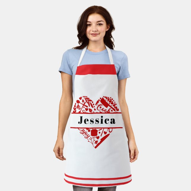 Custom Name Cooking Apron with Red Heart Design (Worn)