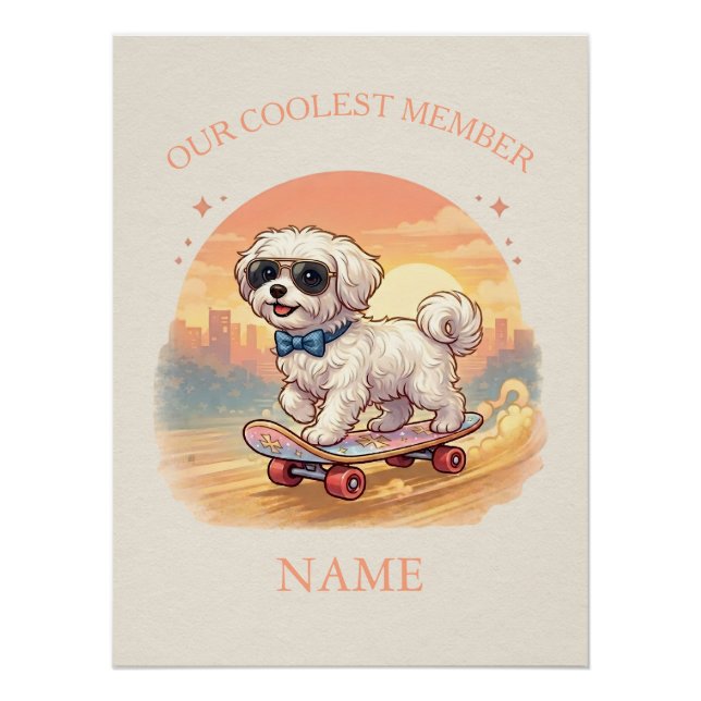 Custom Name Cool Maltese Dog Skateboarder  Poster (Front)