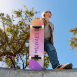 Custom Name Cool Retro Purple Brush Strokes Skateboard<br><div class="desc">Custom Name Cool Retro Purple Brush Strokes Skateboard features your personalised name on a retro brush stroke background in orange, pink and purple. Personalise by editing the text in the text box provided. Give a custom made gift, personalised skateboard to your favourite skateboarder for Christmas, birthday or your BFF. Designed...</div>