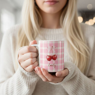 Custom Name Coquette Cherry Mug Red Bows Aesthetic
