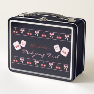 Custom Name Coquette Mahjong Fuel Pink Bows Metal Lunch Box
