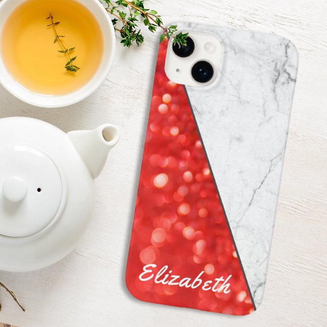 Custom Name Coral Glitter Black White Marble Case-Mate iPhone Case (Creator Uploaded)