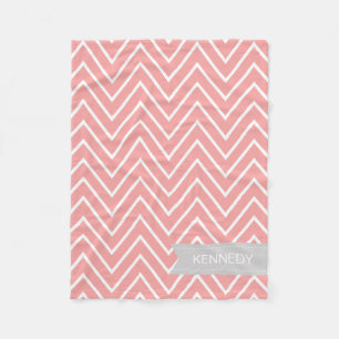 Custom Name Coral Grey Chevron Pattern Fleece Blanket