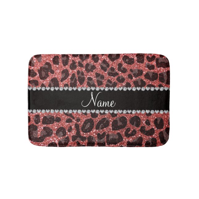 Custom name coral pink glitter leopard print bath mat (Front)
