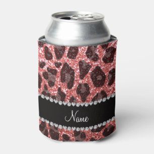 Custom name coral pink glitter leopard print can cooler