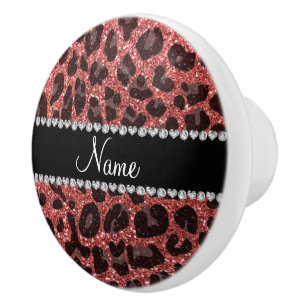 Custom name coral pink glitter leopard print ceramic knob