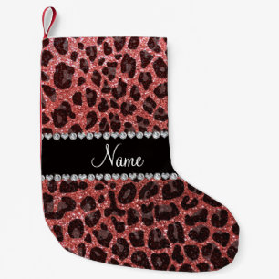 Custom name coral pink glitter leopard print small christmas stocking