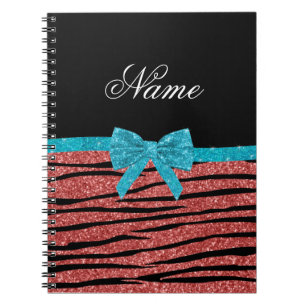 Custom name coral pink glitter zebra stripes bow notebook