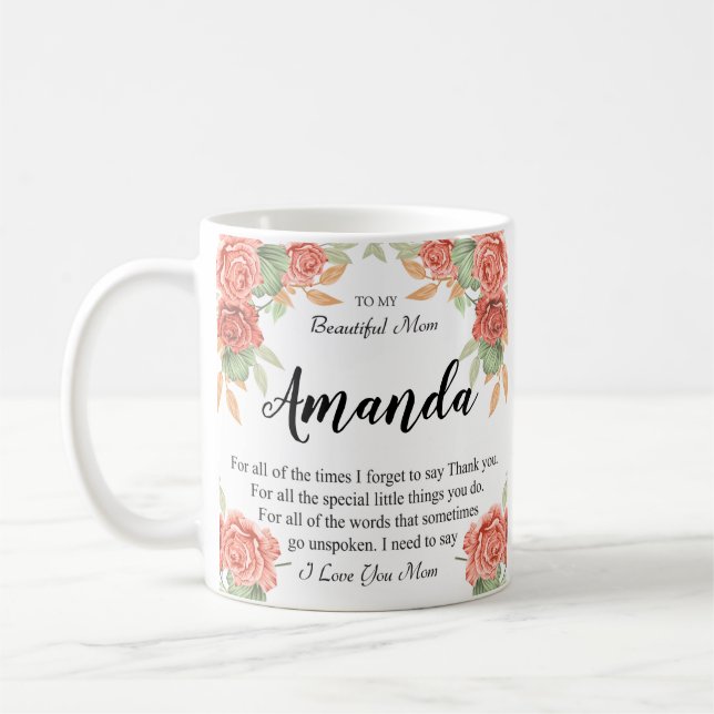 Custom Name Coral Red Rose Message for Mum Coffee Mug (Left)