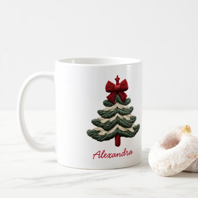 Custom Name Cosy Rustic Embroidered Christmas Tree Coffee Mug (With Donut)