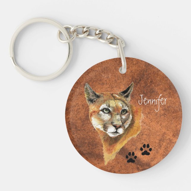 Custom Name Cougar Puma Mountain Lion Art Key Ring (Front)