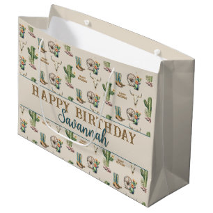 Custom Name Country Cactus Boots Happy Birthday Large Gift Bag