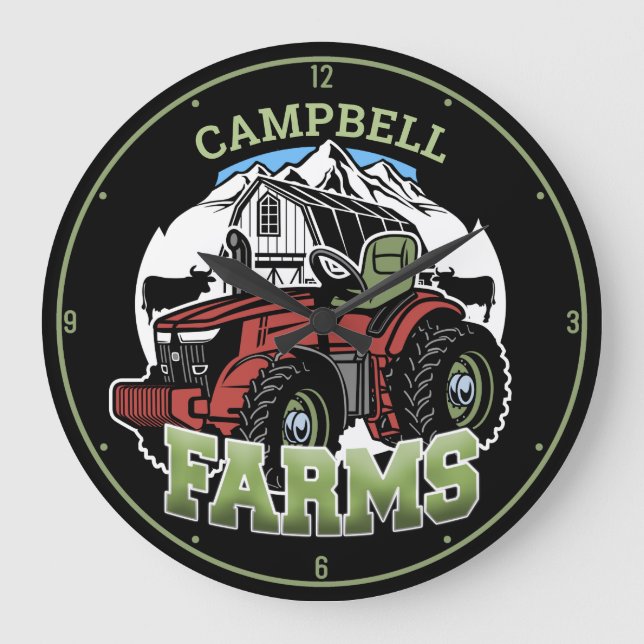 Custom NAME Country Farms Barn Tractor Farmer Large Clock (Front)