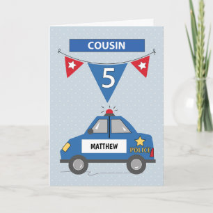 Custom Name Cousin 5th Birthday Blue Police Car Card
