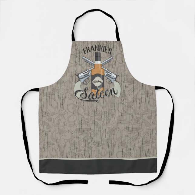 Custom NAME Cowboy Revolver Gun Whiskey Saloon Apron (Front)