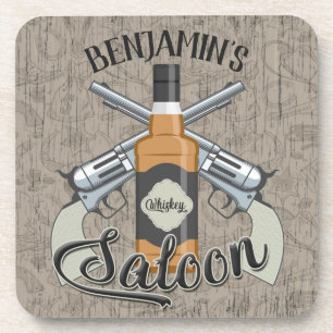 Custom NAME Cowboy Revolver Gun Whiskey Saloon Coaster