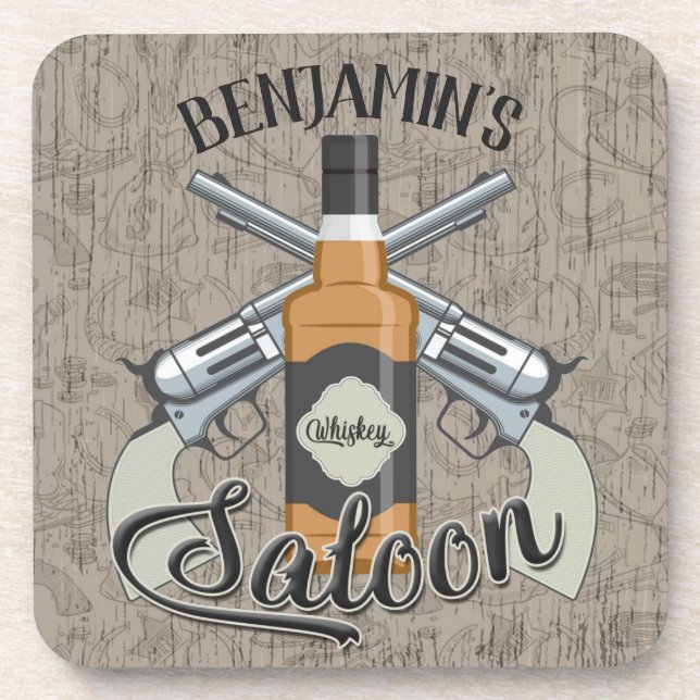 Custom NAME Cowboy Revolver Gun Whiskey Saloon Coaster (Front)
