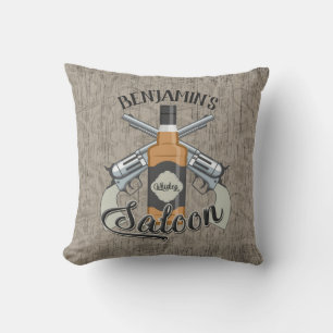 Custom NAME Cowboy Revolver Gun Whiskey Saloon Cushion