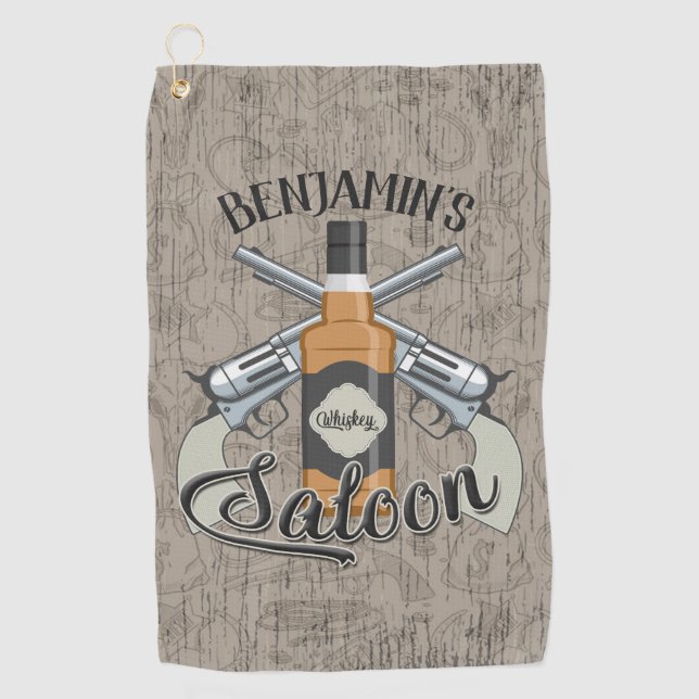 Custom NAME Cowboy Revolver Gun Whiskey Saloon Golf Towel (Front)