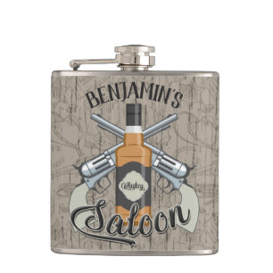 Custom NAME Cowboy Revolver Gun Whiskey Saloon Hip Flask