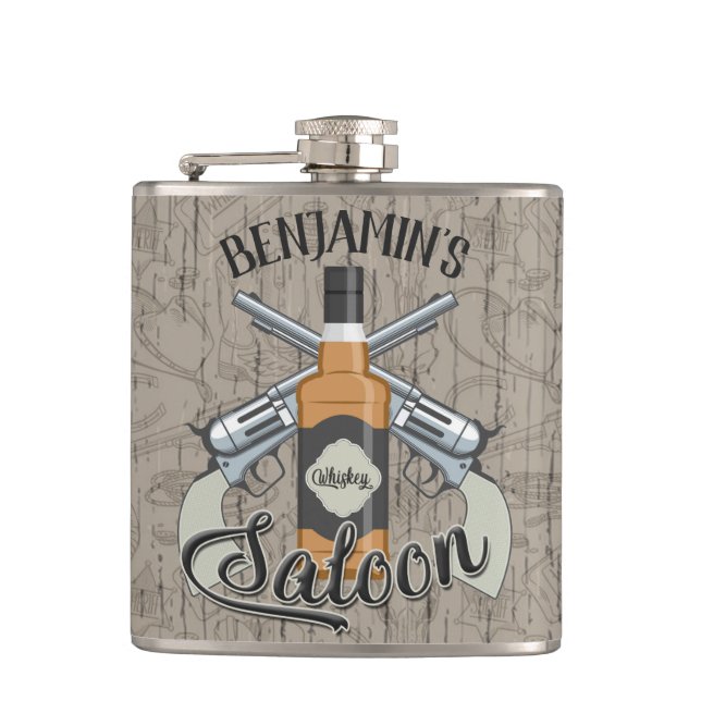 Custom NAME Cowboy Revolver Gun Whiskey Saloon Hip Flask (Front)