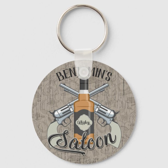 Custom NAME Cowboy Revolver Gun Whiskey Saloon Key Ring (Front)