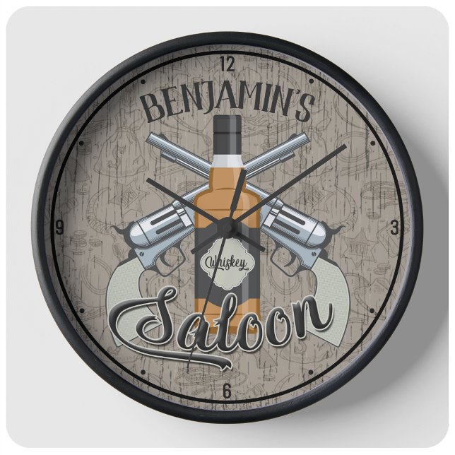 Custom NAME Cowboy Revolver Gun Whiskey Saloon Large Clock (Creator Uploaded)