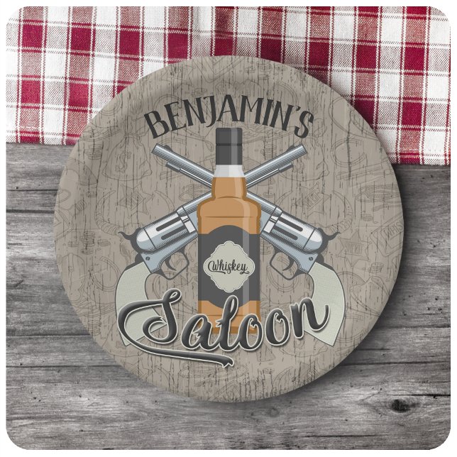 Custom NAME Cowboy Revolver Gun Whiskey Saloon Paper Plate (Creator Uploaded)