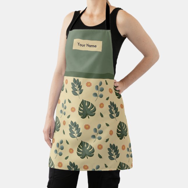 Custom Name Cream and Sage Green Botanical Apron (Insitu)