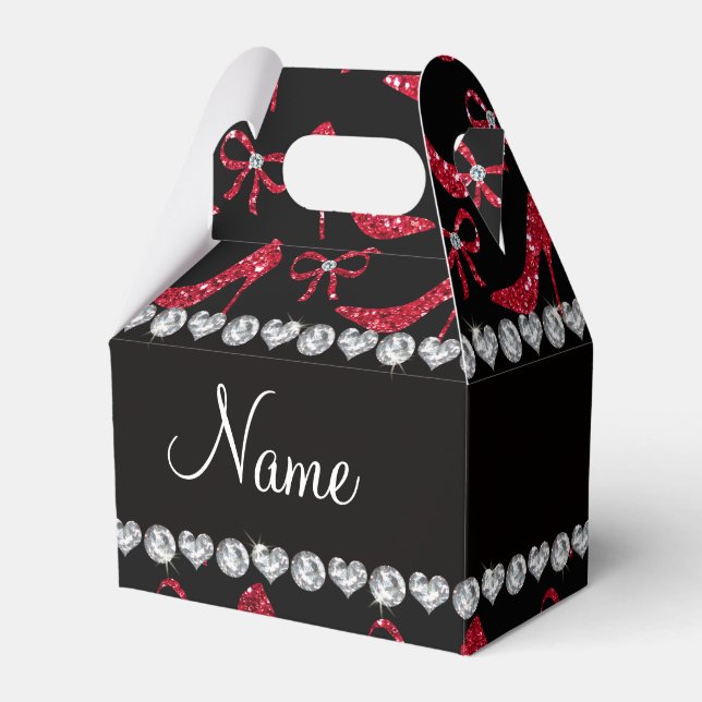 Custom name crimson red glitter high heels bow favour box (Front Side)