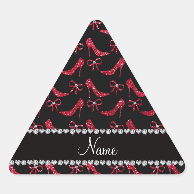 Custom name crimson red glitter high heels bow triangle sticker (Front)