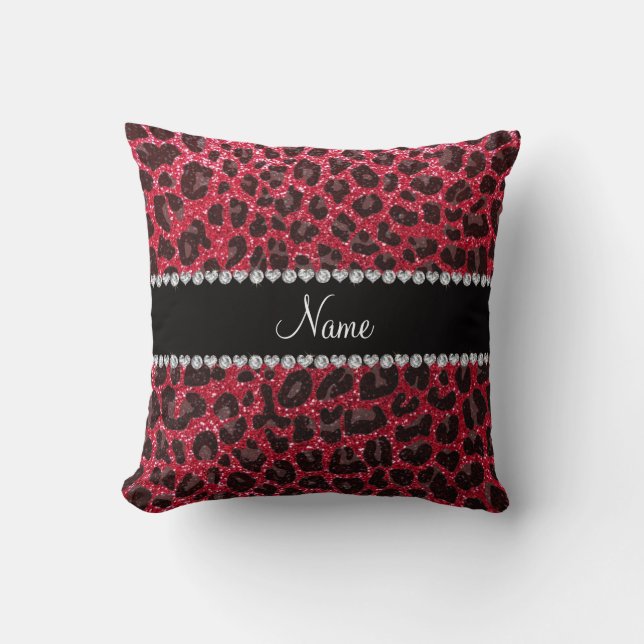 Custom name crimson red glitter leopard print cushion (Front)
