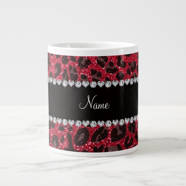Custom name crimson red glitter leopard print large coffee mug (Front)