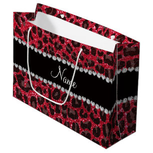 Custom name crimson red glitter leopard print large gift bag